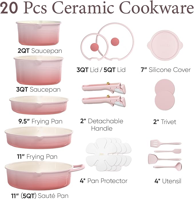 CAROTE 20Pcs Titanium Cookware Set, Pots and Pans Set Non Stick, Kitchen Cooking Set with Detachable Handle, Non Toxic Induction Cookware, Dishwasher/Oven Safe Pink - Image 6