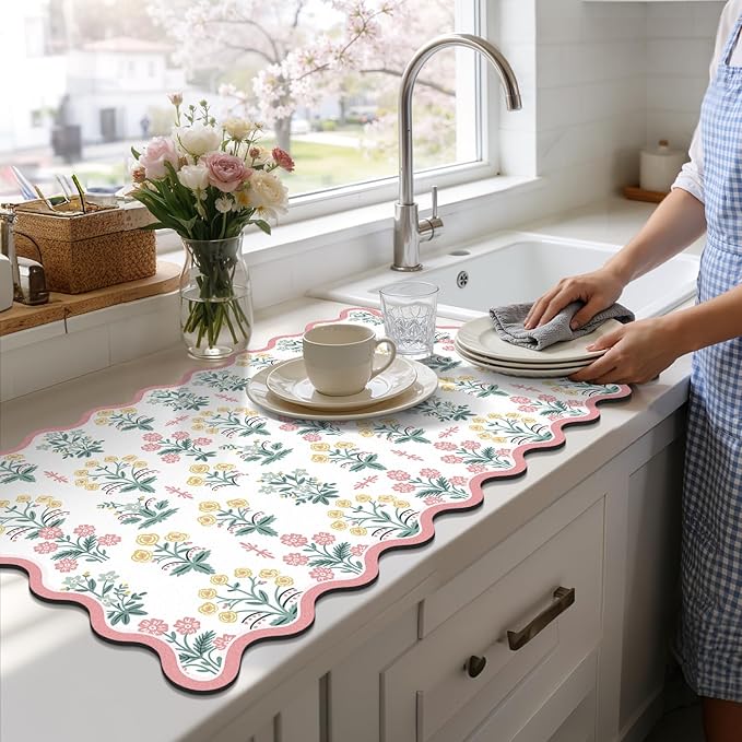 LOKHOM Scalloped Floral Dish Drying Mat, 17"x32" Super Absorbent Coffee Mat with Unique Pink Pastoral Floral, Cuttable Hide Stain Non-slip Drying Mat for Kitchen Counter Coffee Maker Espresso Machine - Image 8