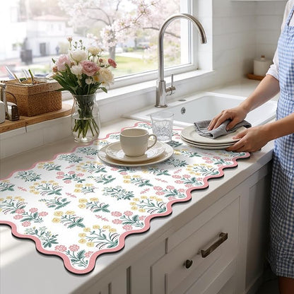 LOKHOM Scalloped Floral Dish Drying Mat, 17"x32" Super Absorbent Coffee Mat with Unique Pink Pastoral Floral, Cuttable Hide Stain Non-slip Drying Mat for Kitchen Counter Coffee Maker Espresso Machine - Image 8