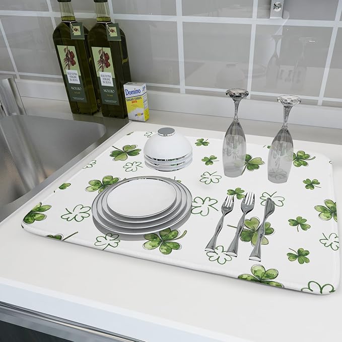 St Patricks Day Dish Drying Mat for Kitchen Counter Cute Shamrocks Holiday Microfiber Absorbent Dish Draining Reusable Washable Foldable Extra Large 18"x24" - Image 6