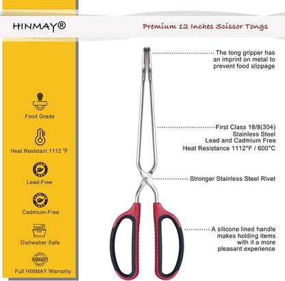 HINMAY Stainless Steel Scissor Tongs with Comfort-Grip Handle 12-Inch - Image 2