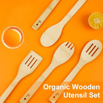 5 Piece Wooden Spoons - Natural Bamboo Wood Cooking Utensils Set,Nonstick Wooden Spatula & Spoons for Cooking,Premium Wood Kitchen Utensil Set,Housewarming Gifts New Home