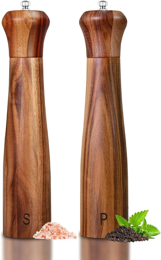 Haomacro 2 Pack 10 Inch Acacia Wooden Salt and Pepper Grinder Set, Manual Salt and Pepper Mills, Salt Grinder Refillable with Adjustable Coarseness, Ceramic/Stainless Steel Core Tableware Gifts by Haomacro