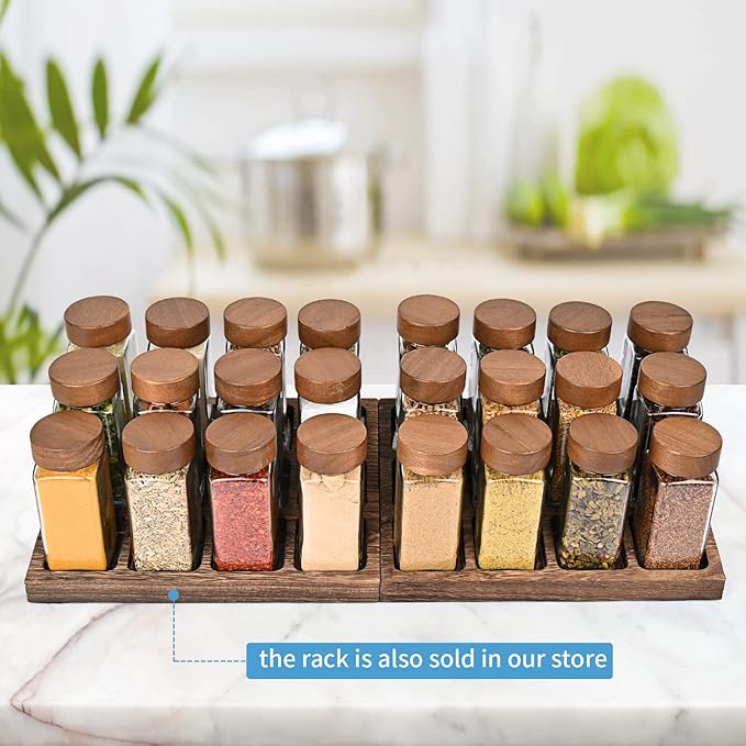 Yangbaga 24Pcs Glass Spice Jars with Labels-4oz Acacia Wood Lid Square Spice Containers and 2pcs Rack with Pepper Grinder Lids &Funnel,Seasoning Jars for Rack Cabinet Drawer - Image 7