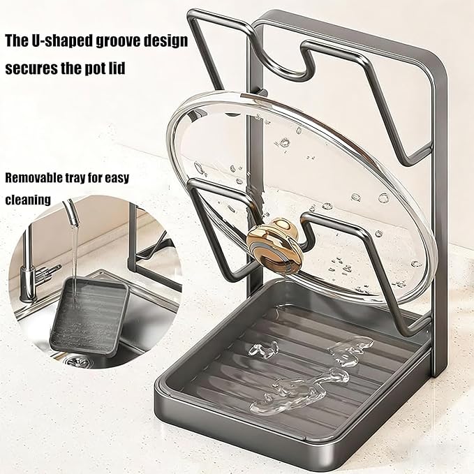 Pot Lid Organizer Rack, Stainless Steel Kitchen Pot Lid Holder & Storage Rack with Drip Tray & Spoon Rest for Countertop Stove Cooking (Gray)