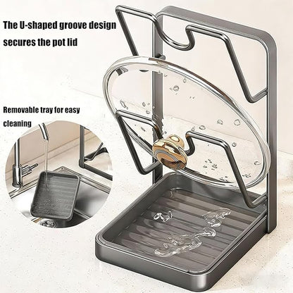 Pot Lid Organizer Rack, Stainless Steel Kitchen Pot Lid Holder & Storage Rack with Drip Tray & Spoon Rest for Countertop Stove Cooking (Beige)