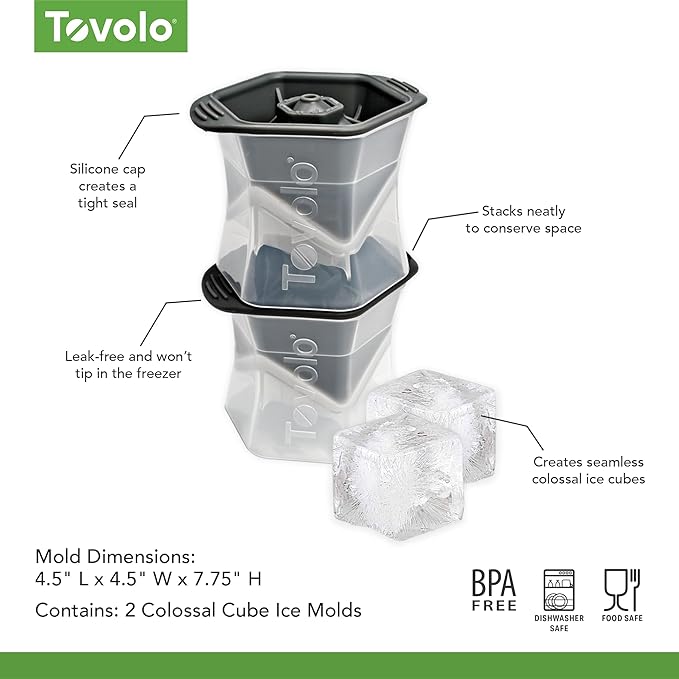 Tovolo Large Square Ice Cube Mold Colossal 2 Inch Cubes Pack of 2, Huge Ice Cube Mold Block for Whiskey Cocktails Bourbon, Silicone BPA Free Dishwasher Safe Giant XL Ice Cube Molds - Image 5
