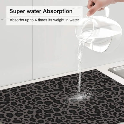 Black Grey Leopard Print Dish Drying Mat Cheetah Wild Animal Dark Skin Drying Rack Pad Countertop Dishes Ultra Absorbent Microfiber Kitchen Counter Mat 18x24 Inch