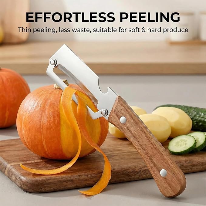NEW Premium Vegetable Peeler with Wooden Handle and Bottle Opener: 2-in-1 Stainless Steel Kitchen Tool for Fruit Apple Potato Pumpkin Papaya (1Pcs) - Image 7
