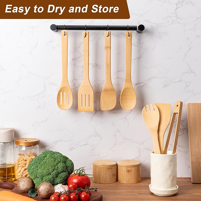 Eisinly Wooden Spoons for Cooking 7-Piece, Kitchen Nonstick Bamboo Cooking Utensils Set, Durability Wooden Spatula Spoon for Everyday Use, Smooth Edge - Image 5