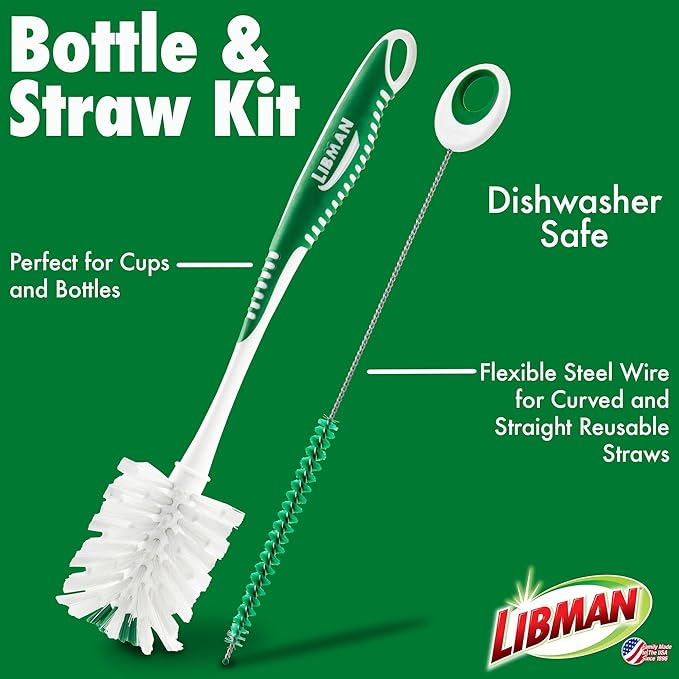 Libman Bottle & Dish Brush Kit | Cleaning Brushes for Kitchen Use | Straw Brush | Scrub Brushes for Dishes | Big Job Kitchen Brush | Palm Scrub Brush | 3 Different Brushes & Straw Cleaner Included - Image 4