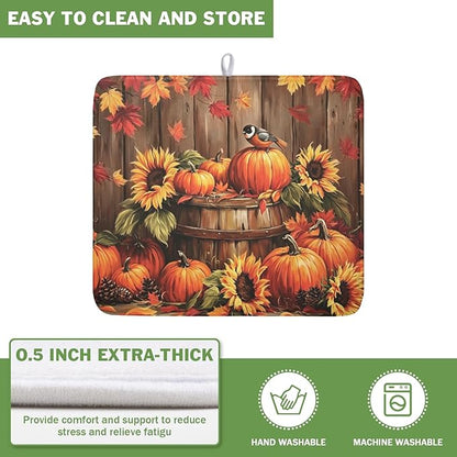 Fall Pumpkin Dish Drying Mat for Kitchen Counter Thanksgiving Autumn Harvest Pumpkin Microfiber Dish Drainer Mat Rustic Farmhouse Absorbent Washable Drying Pad 16"x18"