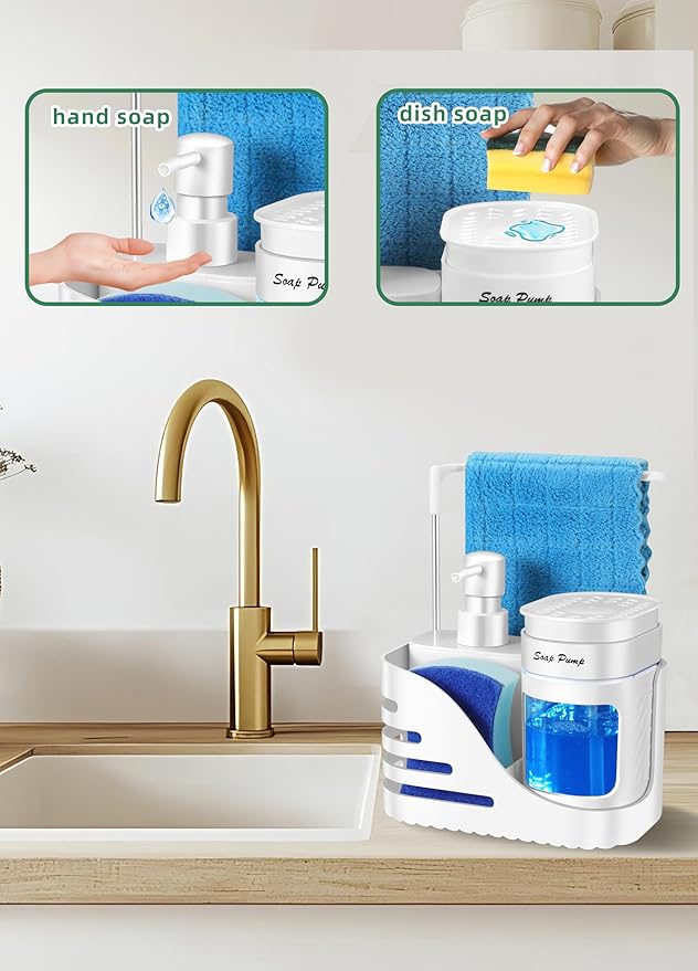 Kitchen Soap Dispenser Set, 4-in-1 Dual Hand and Dish Soap Dispenser with Sponge Holder and Dishcloth Holder for Kitchen Sink (White) - Image 2