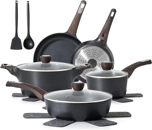 SENSARTE Pots and Pans Set Non stick, Non toxic Healthy Induction Cookware Sets, 14 Pcs Non Stick Kitchen Cooking Set with Frying Pans Set & Saucepan, PFOA PFOS APEO Free, Black by SENSARTE