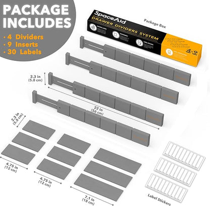 SpaceAid Bamboo Drawer Dividers with Inserts and Labels, Kitchen Adjustable Drawer Organizers, Expandable Organization for Home, Office, Dressers, 4 Dividers with 9 Inserts (17"-22" Gray) - Image 4