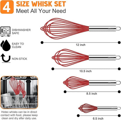 HOTEC 4 Pieces Silicone Whisks Set, Wire Balloon Whisks Egg Beater, Non-slip Handle Whisk for Non-stick Cookware Perfect for Cooking, Stirring, Beating and Blending (Red) - Image 2