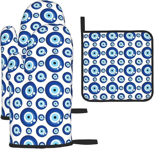 Blue Evil Eyes Oven Mitts and Pot Holders Sets of 3 Funny Hot Pads Heat Resistant Non Slip Washable for Cooking Grilling Baking BBQ Kitchen Decor by Unknown