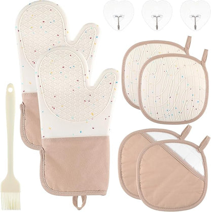 10 Pcs Kitchen Oven Mitts and Potholders Set with Hook and Oil Brush, Cooking Mittens Heat Resistant 500°F Silicone Oven Mittens for Kitchen Baking Cooking BBQ (Cream) by Unknown
