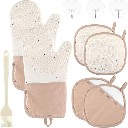 10 Pcs Kitchen Oven Mitts and Potholders Set with Hook and Oil Brush, Cooking Mittens Heat Resistant 500°F Silicone Oven Mittens for Kitchen Baking Cooking BBQ (Cream) by Unknown