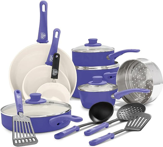 GreenLife 16 Piece Nonstick Cookware Set, Soft Grip Non-Toxic PFAS-Free Ceramic Pots & Pans, Dishwasher & Oven Safe, Frying, Sauce, Utensils, Glass Lids, Stay-Cool Handles, Wobble Free, Periwinkle by GreenLife