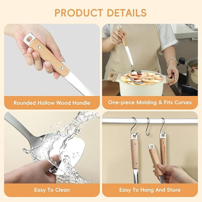 9pcs Cooking Utensils Set 304 Stainless Steel Kitchen Utensils with Wooden Hanlde Metal Kitchen Utensils Soup Ladle Set Dishwasher Safe Kitchen Essentials Set Kitchen Tool Set, Dishwasher Safe - Image 6