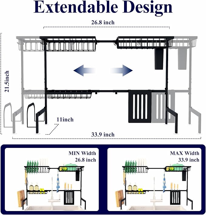 Kitsure Over The Sink Dish Drying Rack - 30.0" to 33.9" x 21.5", Adjustable Sink Drying Rack for Kitchen Sink with Multifunctional Baskets, Black - Image 3