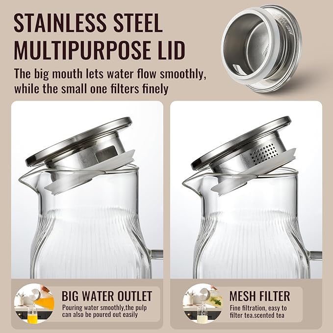 2 Liter/68 oz Square Glass Pitcher with Lid, Classic Stripes Water Pitchers with Handle for Fridge, Large Jug for Iced Tea, Coffee, Borosilicate Glass Carafe for Hot/Cold Brew Drink, Silver - Image 5