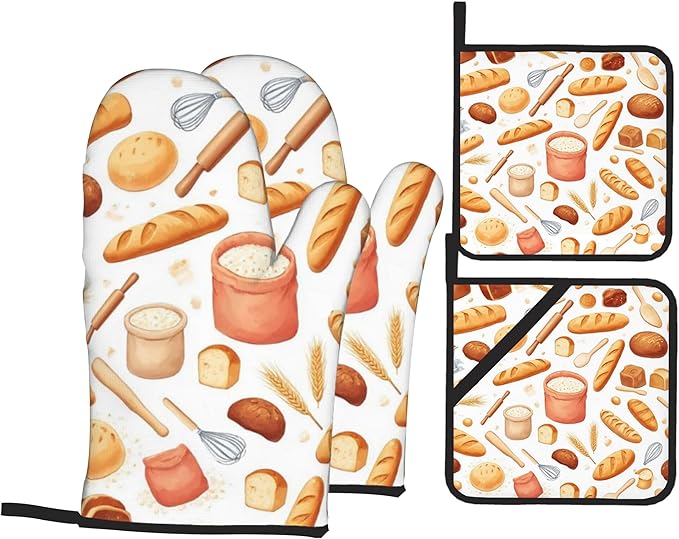 Kitchen Bread Oven Mitts with Matching Potholders - Heat Resistant Kitchen Accessories for Baking, Grilling, Cooking, Gifts for Women