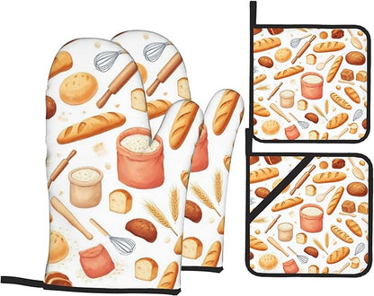 Kitchen Bread Oven Mitts with Matching Potholders - Heat Resistant Kitchen Accessories for Baking, Grilling, Cooking, Gifts for Women