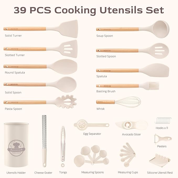 Astercook Kitchen Utensils set, 39 PCS Silicone Cooking Utensils Set with Wooden Handle, 446°F Heat Resistant Food Grade Utensil Sets, BPA Free Kitchen Gadgets Tools Set for Mothers Day Gifts - Image 2