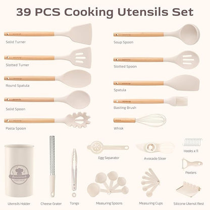 Astercook Kitchen Utensils set, 39 PCS Silicone Cooking Utensils Set with Wooden Handle, 446°F Heat Resistant Food Grade Utensil Sets, BPA Free Kitchen Gadgets Tools Set for Mothers Day Gifts - Image 2