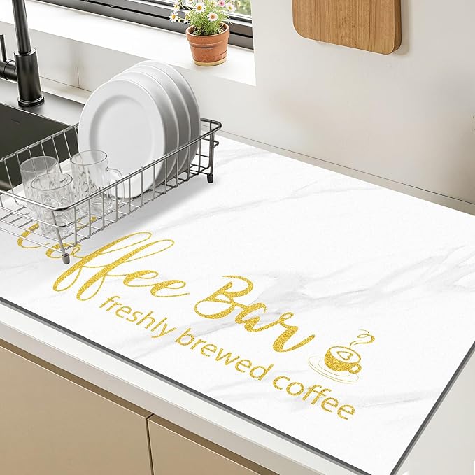 Findosom Dish Drying Mat, 16"x 24" Super Absorbent & Hide Stain Coffee Mat, Cuttable Drying Mat for Kitchen Counter, Coffee Bar Accessories, Under Dish Rack, Coffee Maker, Espresso Machine, White - Image 9