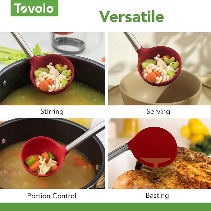 Tovolo Silicone Ladle With Stainless Steel Handle Deep Soup Ladle for Cooking Canning Serving Soup Punch Stew Sauce, Large Kitchen Utensil Spoon Dishwasher Safe BPA Free Silicone Cayenne Red - Image 4