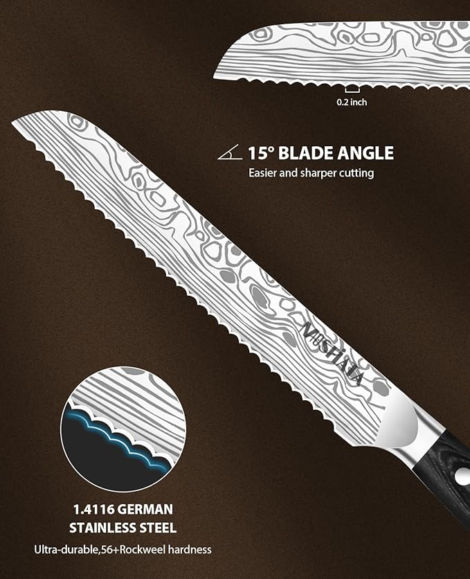 MOSFiATA Bread Knife 8” Ultra Sharp Serrated Knife, German High Carbon Stainless Steel EN1.4116 Bread Slicer with Bread Lame, Micarta Handle, For Bread, Cake, Bagels - Image 4