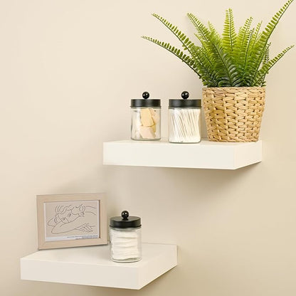 SheeChung 3-Pack Black Glass Apothecary Jars - Rust-Proof Stainless Steel Qtip Holder Set - Modern Farmhouse Bathroom Vanity Organizer for Cotton Swabs, Balls, Pads - Countertop Storage Canister