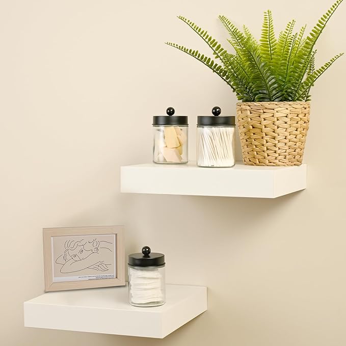 SheeChung 4-Pack Glass Qtip Holder Dispenser - Rust-Proof Stainless Steel Apothecary Jars with Labels - Modern Farmhouse Bathroom Organizer for Cotton Swabs, Balls, Pads(Matte Black)