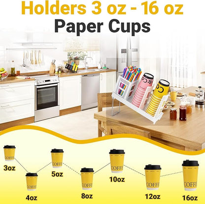Cup and Lid Holder, Disposable Paper Cup Dispenser with Coffee Pod Straw Storage Basket, 6-Compartment Countertop Coffee Cup Holder for Coffee Stations, Break Rooms, Living Rooms (White)