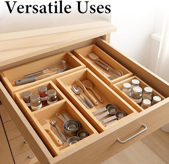 Bamboo Drawer Organizer 5 Pcs for Kitchen Multi-purpose Storage Dividers for Kitchen, Office, Jewelry, Cosmetics, Wooden Drawer Dividers for Drawer Organizer Desk Organizer Gift for Women Gifts Idea - Image 7