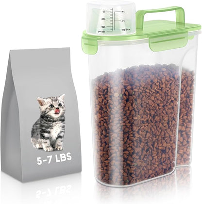 LEAWALK 5-7Lbs/6Qt Dog Cat Storage Container Portable with Upgraded Large Spout and Cup, Plastic Pet Food Dispenser for Small Animal Kibble, Bird Seed, Oatmeal, Rice, Flour, Brown Sugart (Clear Green)