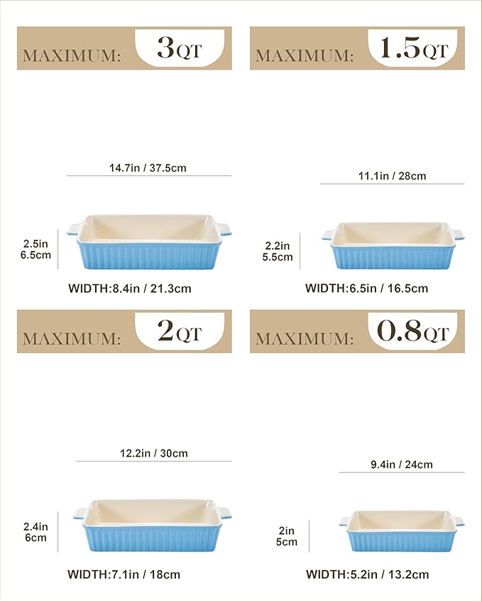 MALACASA Casserole Dishes for Oven, Porcelain Baking Dishes, Ceramic Bakeware Sets of 4, Rectangular Lasagna Pans Deep with Handles for Baking Kitchen, Blue (9.4"/11.1"/12.2"/14.7"), Series BAKE.BAKE - Image 2