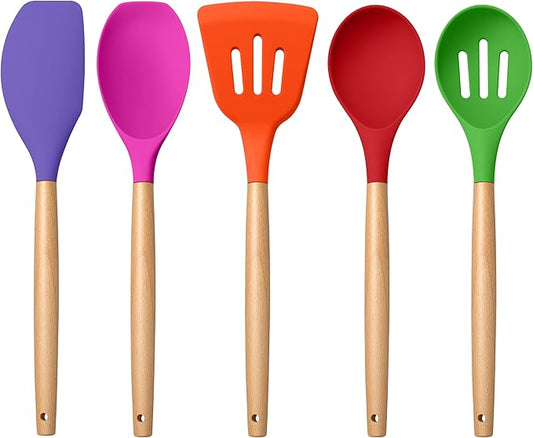 E-far Silicone Cooking Utensils Set, 5-Piece Kitchen Utensils Set with Wooden Handle for Cooking, Silicone Kitchen Nonstick Tools Spatula Turner Slotted Spoons, Nontoxic & Heat Resistant-Colorful by E-far