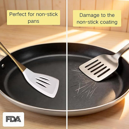 Elegant White Gold Silicone Cooking Utensils Set - Non-Toxic, Dishwasher Safe Kitchen Utensils Set with Heat Resistant Comfort Handles - Includes Spatula & Spoon for Nonstick Cookware - Image 4