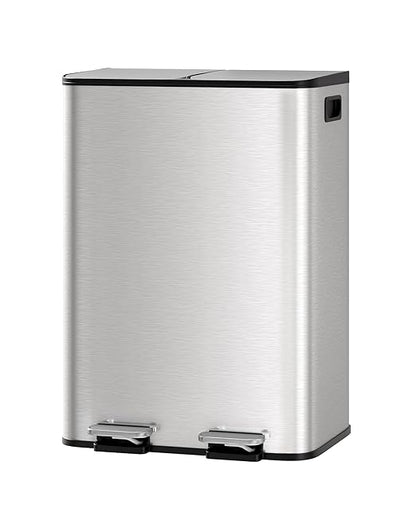 GarveeHome 2 x 8 gal Stainless Steel Double Trash Can with Lid for Kitchen, Large Dual Trash and Recycle Bin Combo, Step-on Kitchen Metal Garbage Cans, PP Inner Buckets, Liner Rim, Silver by GarveeHome