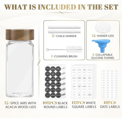 ZEHIQ 12Pcs 4oz Square Glass Spice Jars with Moisture-Proof Acacia Wood Lids, Food-Grade Seasoning Containers with Shaker Lids, 268 Labels, Markers, Funnel & Brush for Pantry Cabinet Drawer Storage