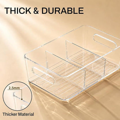 Mpotmiy 6 Pack Pantry Organizers and Storage,Clear Plastic Containers with 2 Dividers for Kitchen,Fridge Organization and Storage,Acrylic Bins for Pounches,Spice Packet,Snack organzier