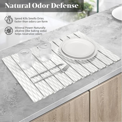 Stone Dish Drying Mat for Kitchen Counter, 24"(L)×16" (W) Large Foldable Absorbent Diatomaceous Earth Dish Drying Mat, Kitchen Counter Mats for Dishes Bottles Cups, Match Any Countertop - Wave Pattern - Image 5