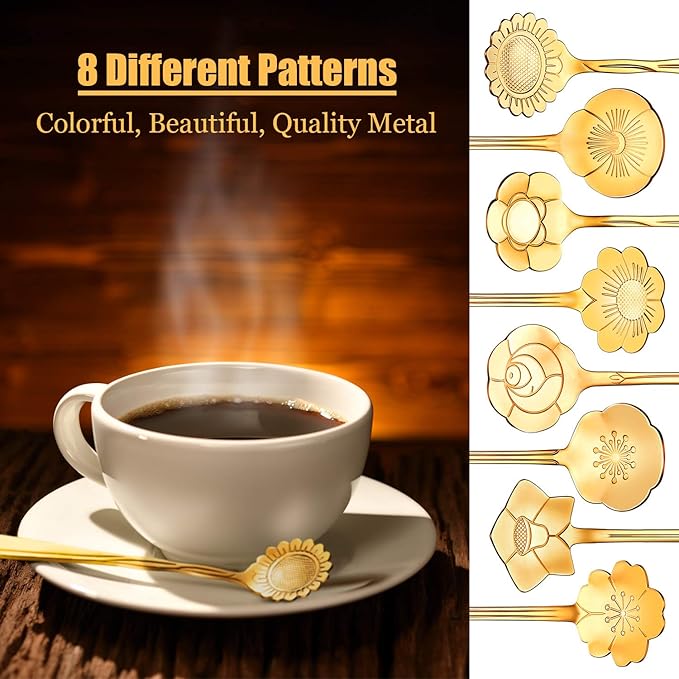 Chengu 8 Pieces Flower Coffee Tea Spoons Stainless Steel Sugar Spoons Tea Party Flower Fancy Tableware Set Stir Bar Creative Stirring Teaspoon, 8 Different Patterns(Gold) - Image 2