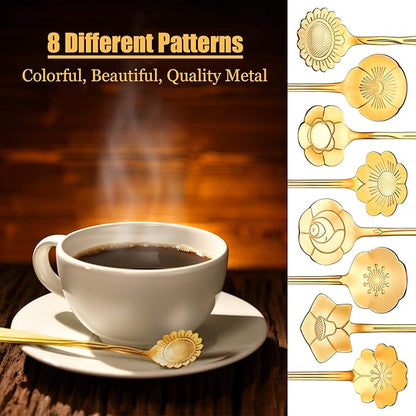 Chengu 8 Pieces Flower Coffee Tea Spoons Stainless Steel Sugar Spoons Tea Party Flower Fancy Tableware Set Stir Bar Creative Stirring Teaspoon, 8 Different Patterns(Gold) - Image 2
