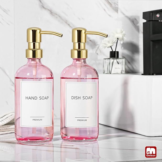 GMISUN Pink Soap Dispenser Bathroom, 2 Pack Kitchen Hand and Dish Soap Dispensers Set, 17 Fl Oz Pink Glass Soap Dispenser with Gold Pump, Refillable Modern Farmhouse Liquid Soap Pump Bottles - Image 4