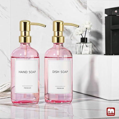 GMISUN Pink Soap Dispenser Bathroom, 2 Pack Kitchen Hand and Dish Soap Dispensers Set, 17 Fl Oz Pink Glass Soap Dispenser with Gold Pump, Refillable Modern Farmhouse Liquid Soap Pump Bottles - Image 4